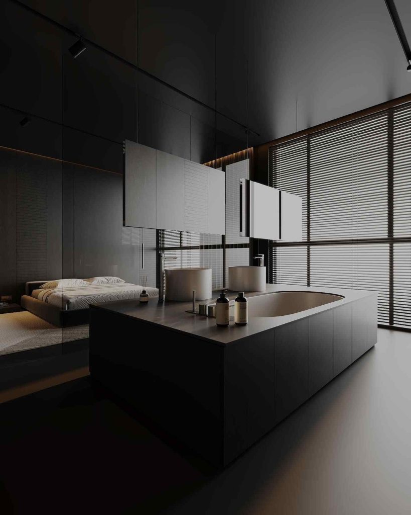 Minimalist black bathroom with floor-to-ceiling windows and sleek tub