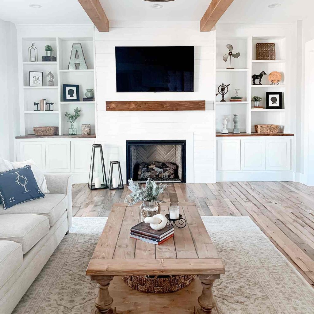 Farmhouse-inspired living room with built-in shelves 