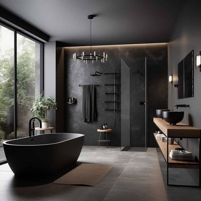 Modern bathroom with black tub, textured walls, and natural light