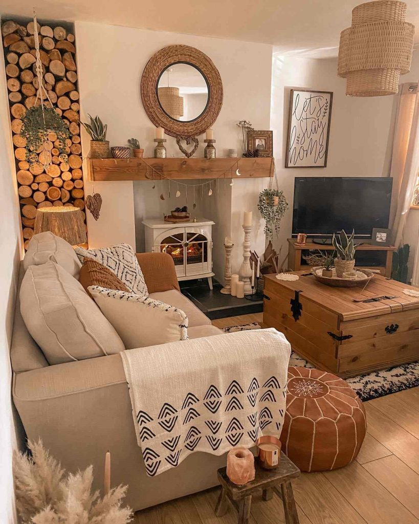 Boho rustic living room with stacked firewood 