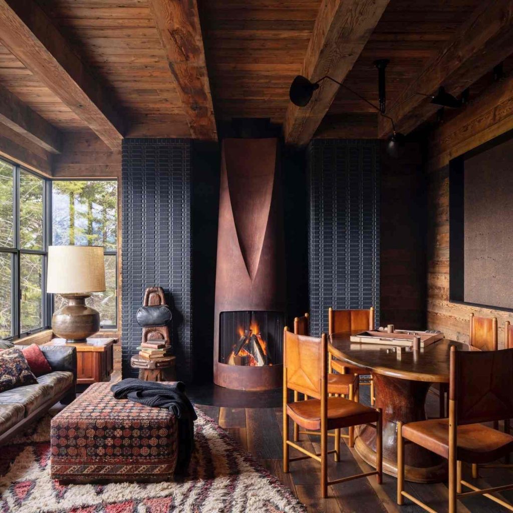 Moody rustic living room with copper fireplace 