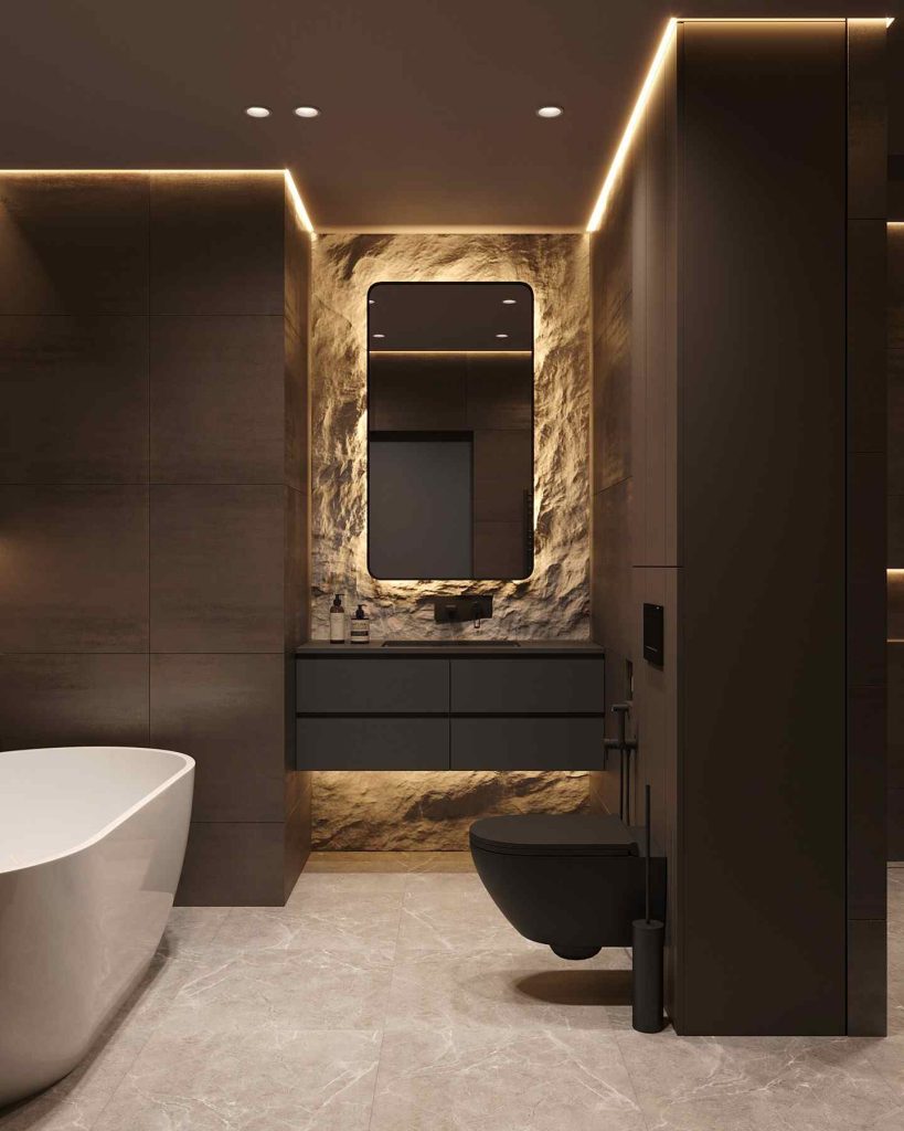 Modern bathroom with backlit stone wall and sleek black fixtures