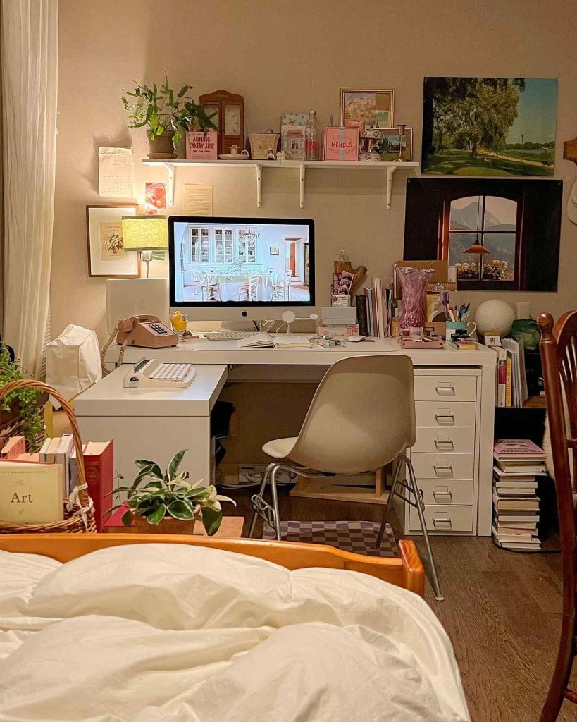 Eclectic workspace with books, art, and warm lighting.