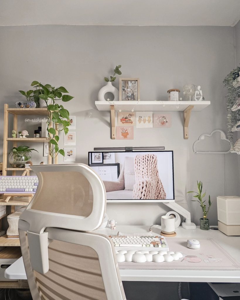 Cheerful desk with colorful accents and cozy vibes.