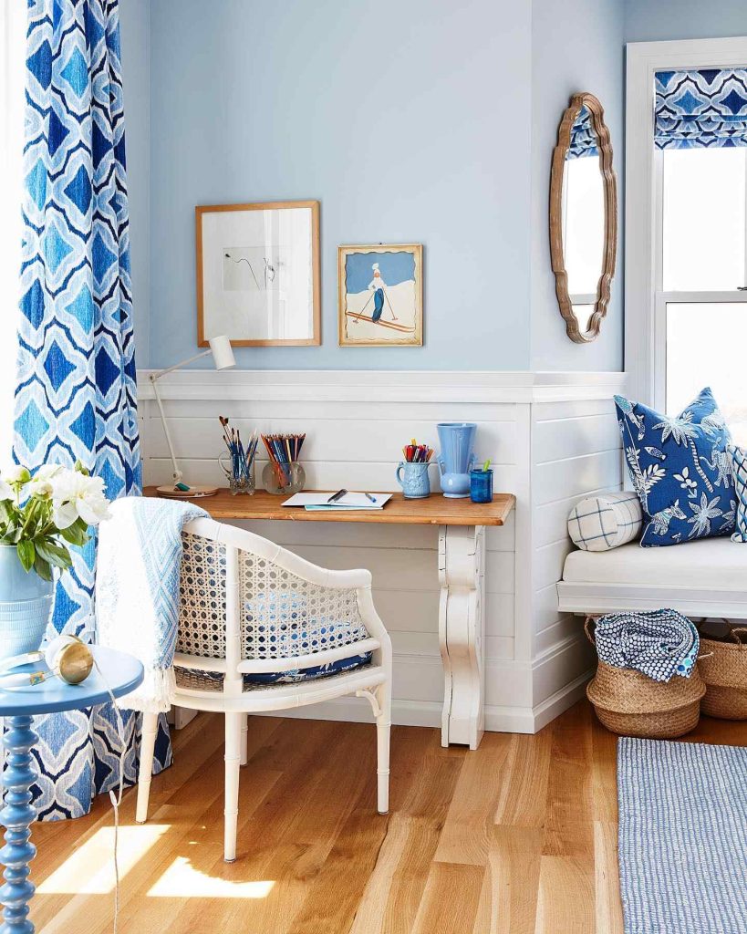 Coastal-themed desk with blues and nautical decor.