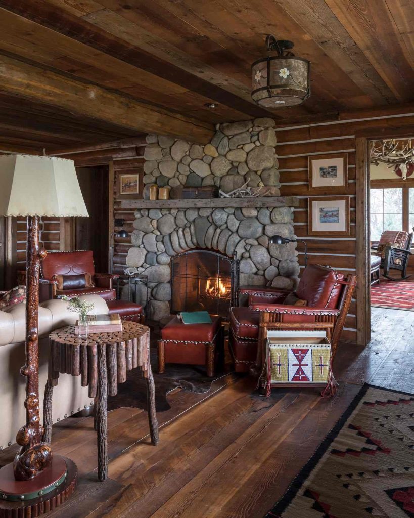 Western-style living room with stone fireplace