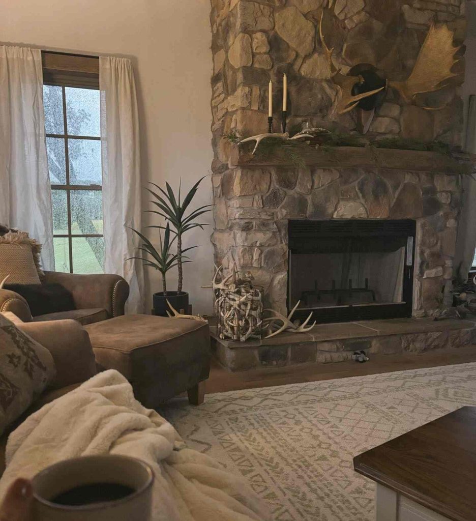 Rustic stone fireplace on a rainy day 