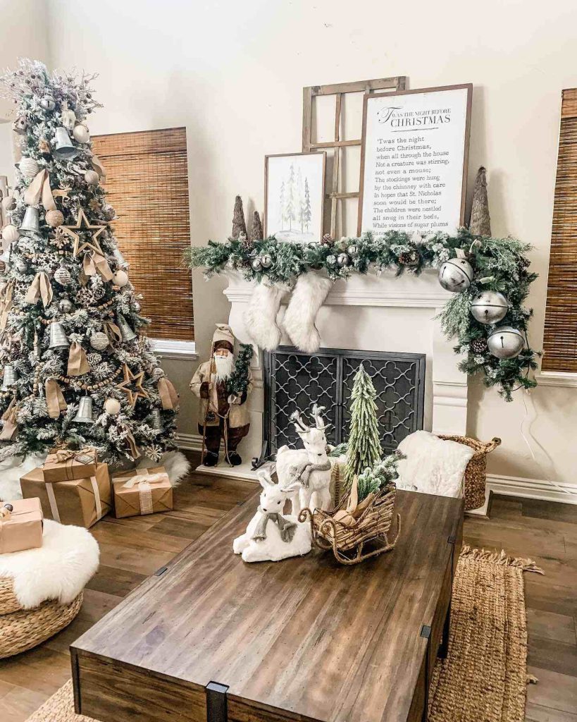 Mantle with garland, stockings, and a rustic Christmas tree.
