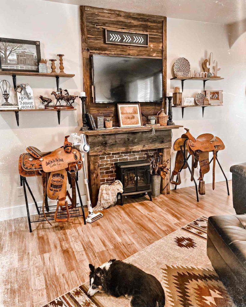 Rustic living room with saddle decor 