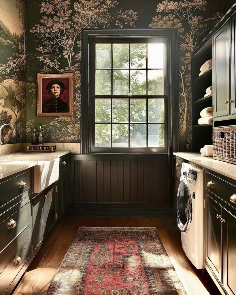 Vintage laundry room with green cabinets, floral wallpaper, and a large window.
