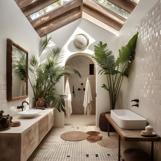 Sunlit bathroom with skylights, arched shower, and woven mats for natural warmth.
