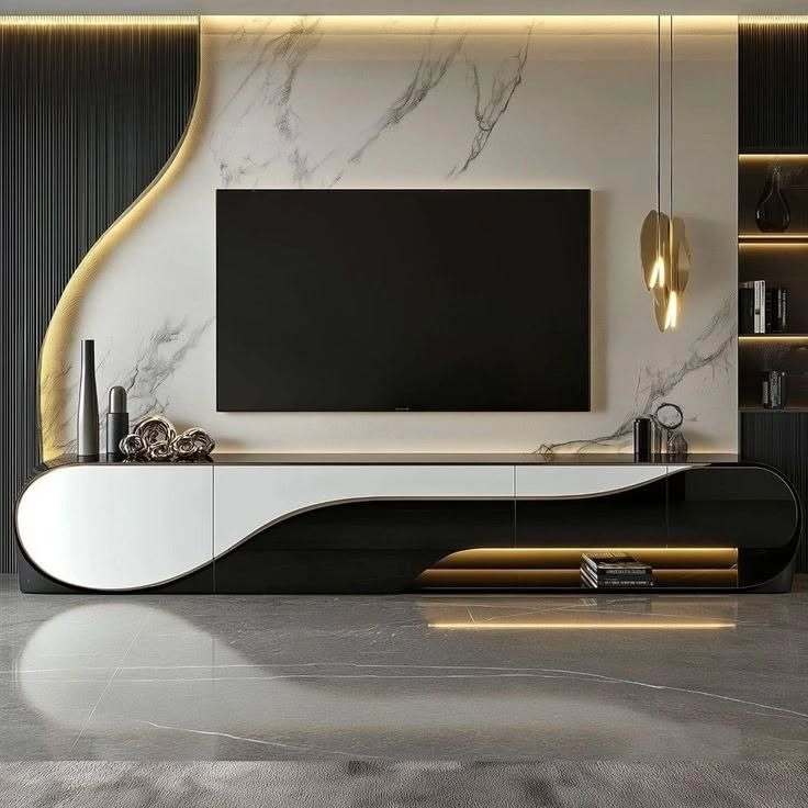 Wood and marble TV wall with open shelving and decorative accents.
