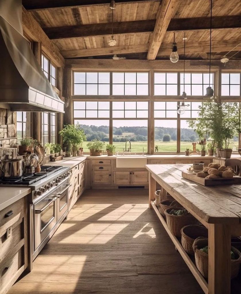 Spacious rustic kitchen with large windows, wooden beams, and scenic countryside views.
