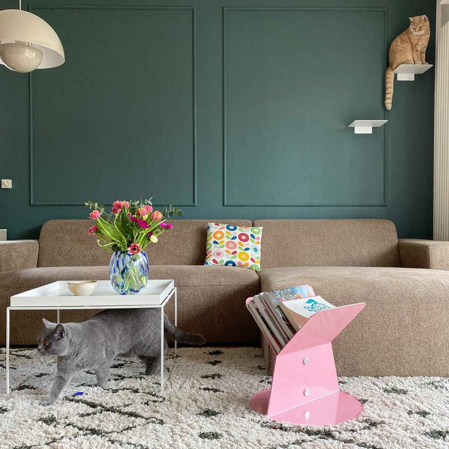 Minimalist living room with dark teal walls, brown sofa, and colorful cat decor.
