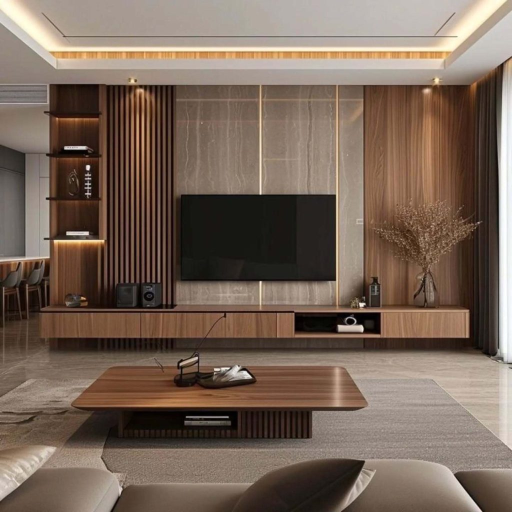 Sophisticated TV area with rich wood textures and marble elements.
