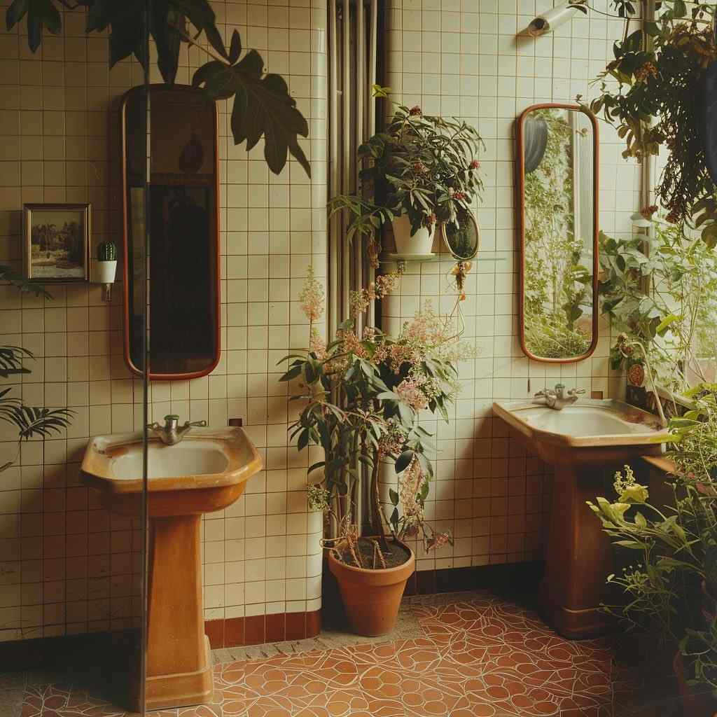 Rustic bathroom with vintage sinks, leafy plants, and earthy tiled flooring.
