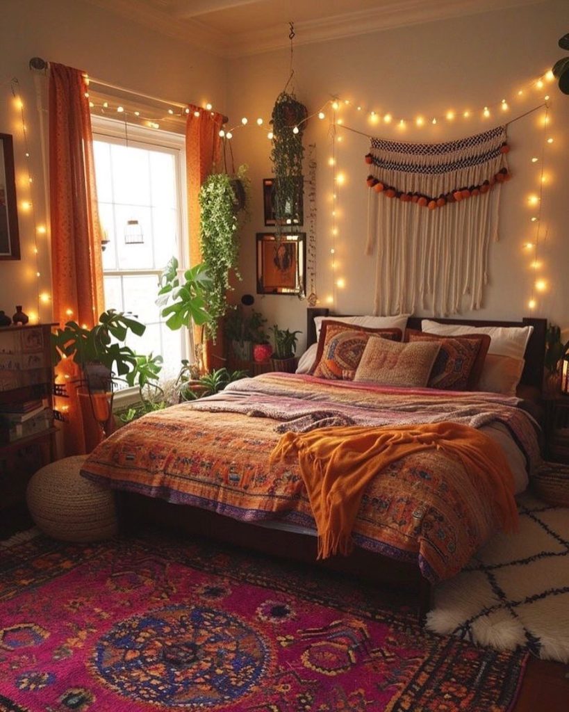 Boho-style bedroom with vibrant textiles, hanging plants, and fairy lights.