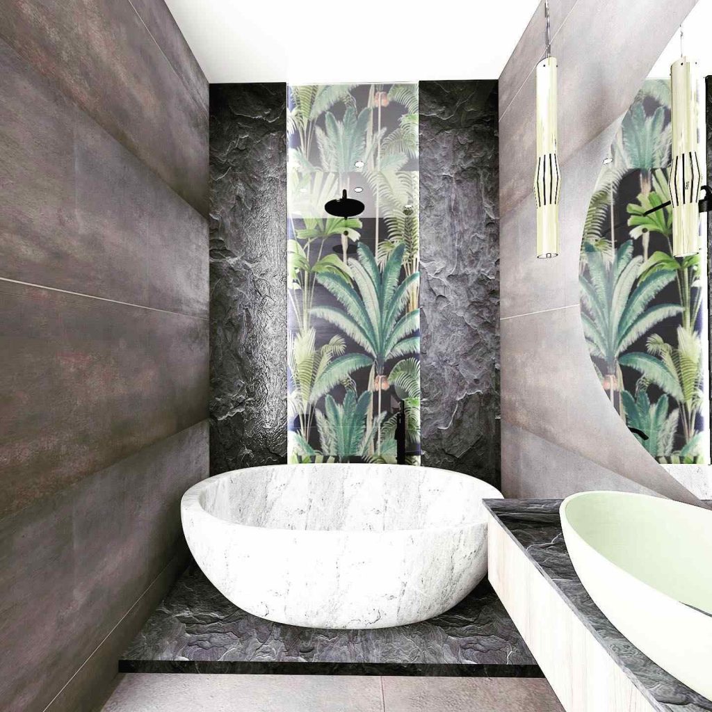 Luxury bathroom with black textured walls, marble bathtub, and palm-themed wallpaper.
