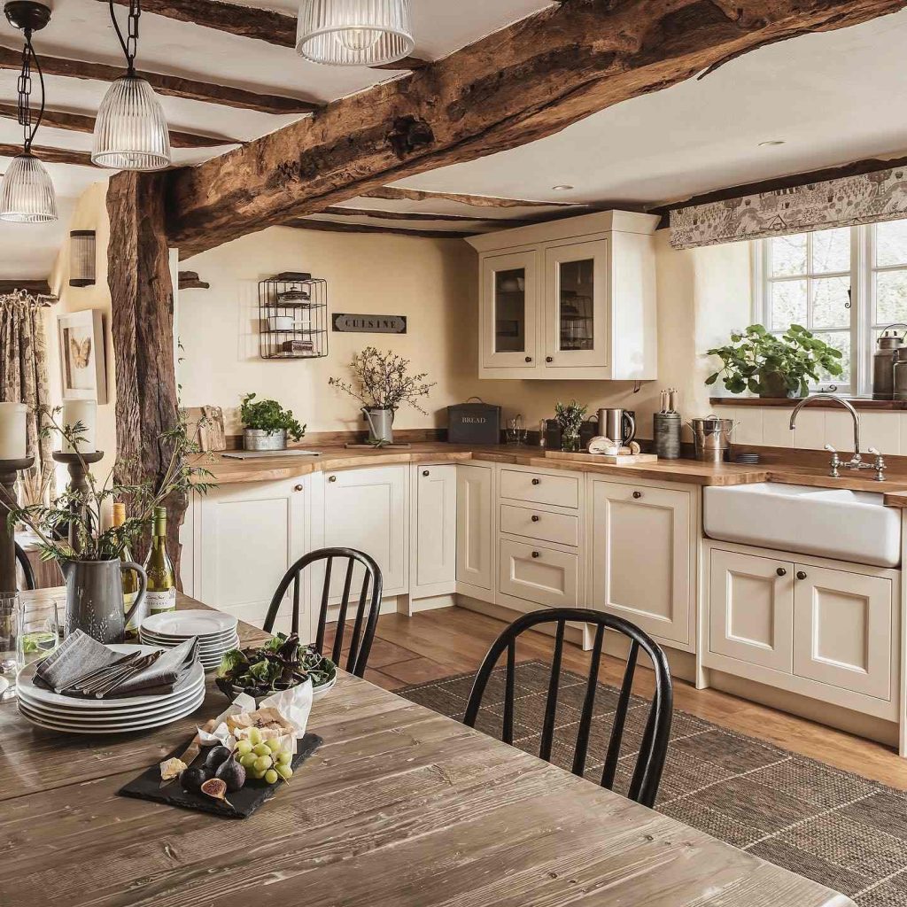 Farmhouse kitchen with exposed beams, creamy cabinets, and a wooden dining table.
