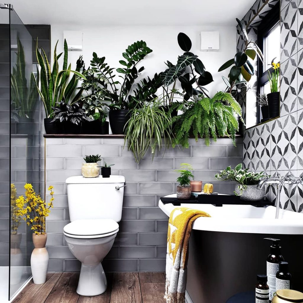 Urban jungle bathroom with gray tiles, geometric patterns, and tropical plants.
