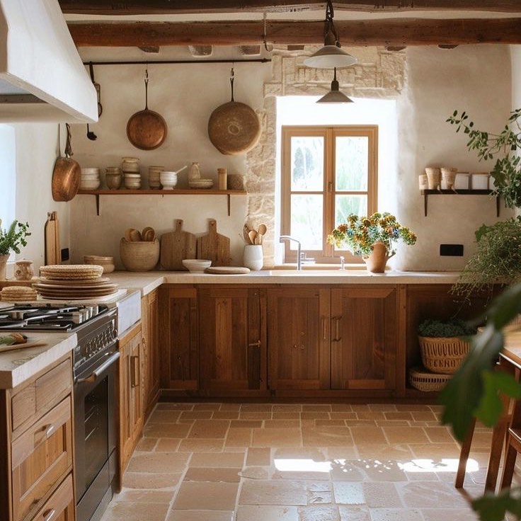 Bright kitchen with stone walls, wooden cabinetry, hanging pots, and greenery accents.
