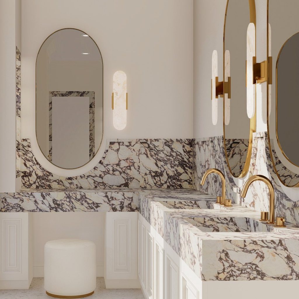 Balanced marble vanity with fluted details and golden accents