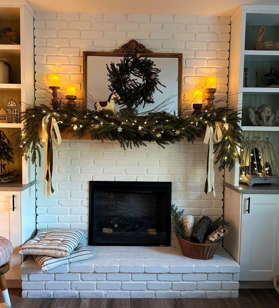 Rustic brick fireplace with a compact wood-burning stove and vintage decor.
