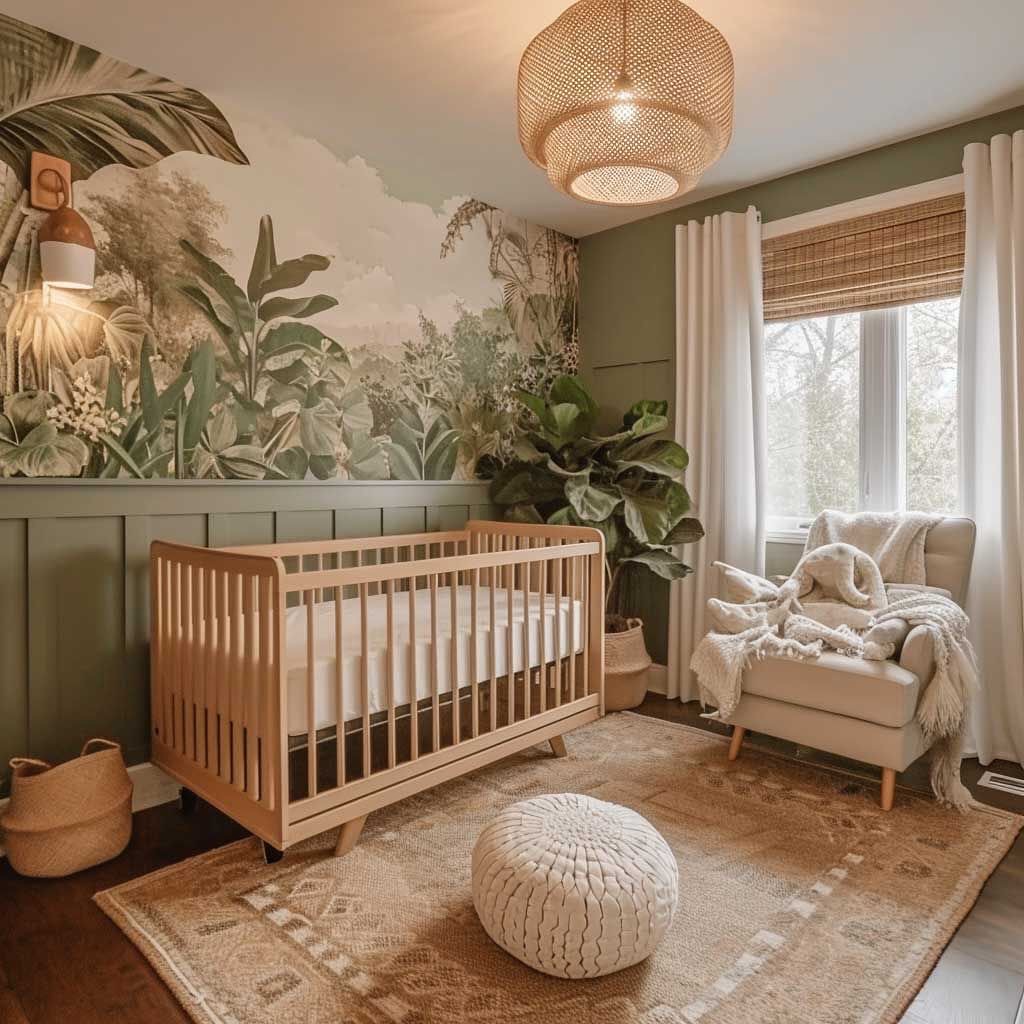 A tranquil modern baby room that blends nature with style.