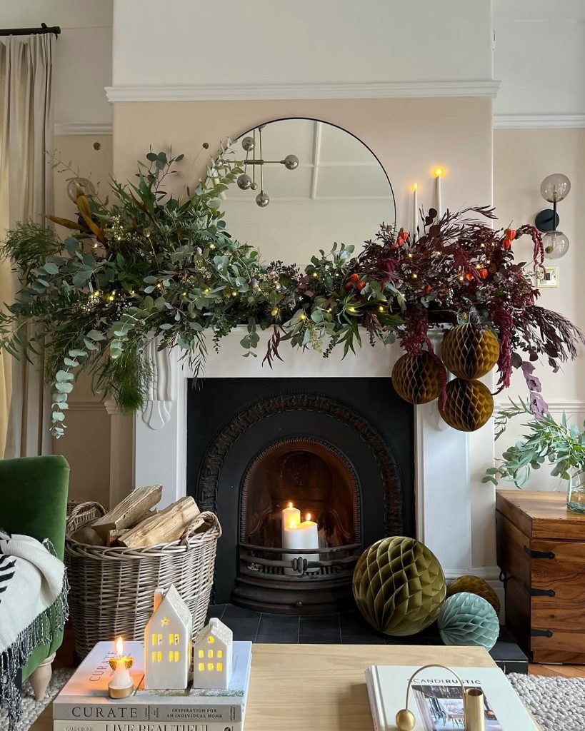 Vaulted ceiling living room with a cozy fireplace and rustic wood coffee table.
