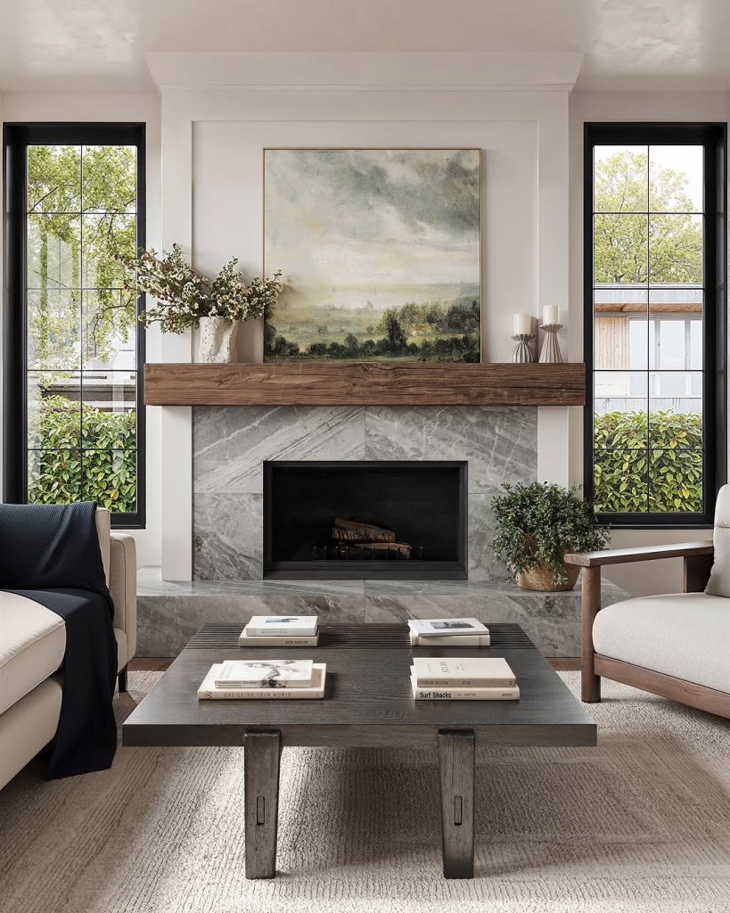 Green accent wall with a black fireplace and floral tiles for a bold look.
