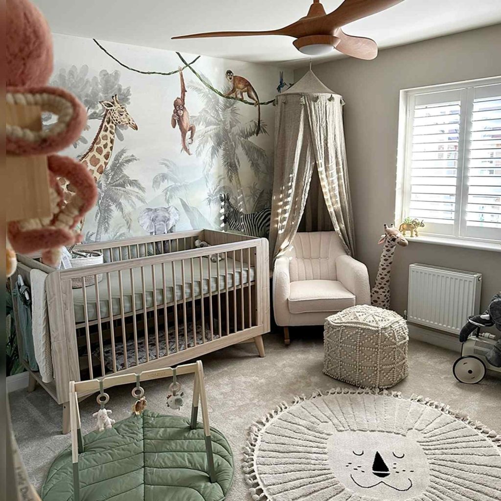 A whimsical modern baby room designed for adventure and comfort.