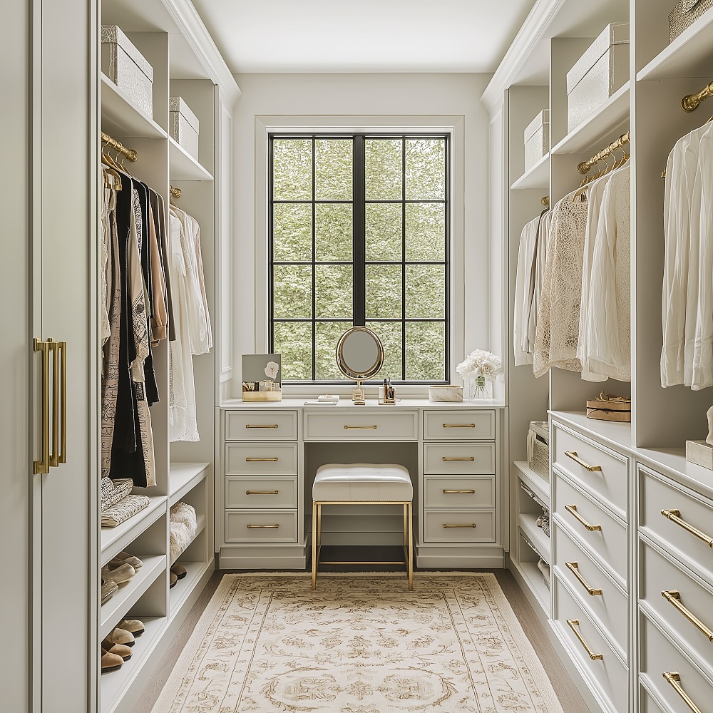 Timeless dressing room with gold hardware and window-side vanity.
