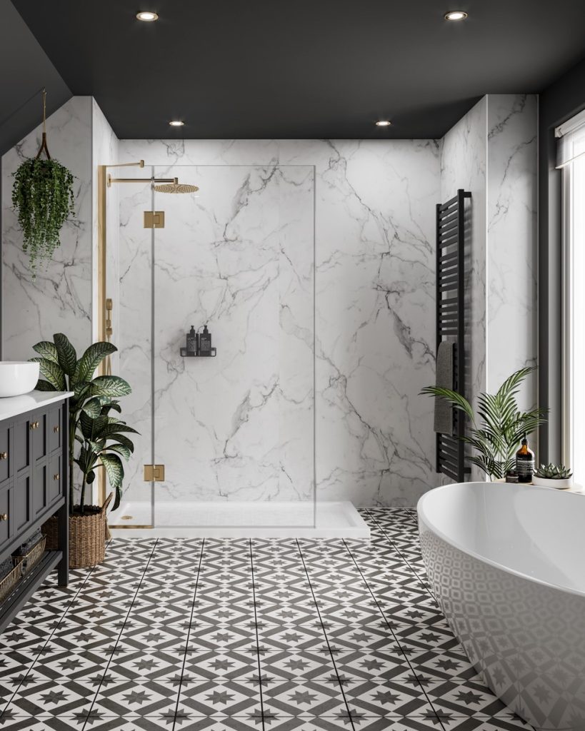 Bold patterned tiles paired with clean marble walls and gold fixtures