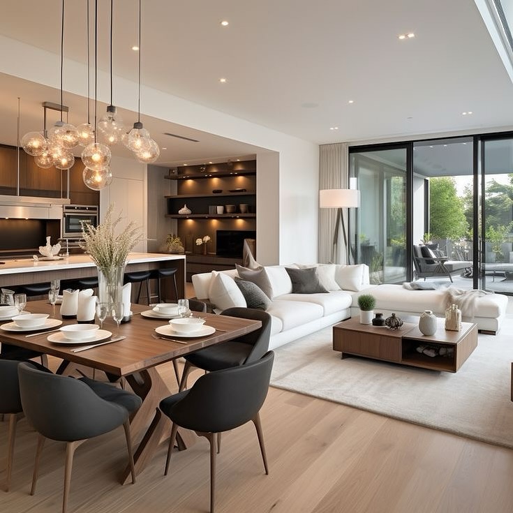 Sophisticated kitchen-living space with globe pendant lights.
