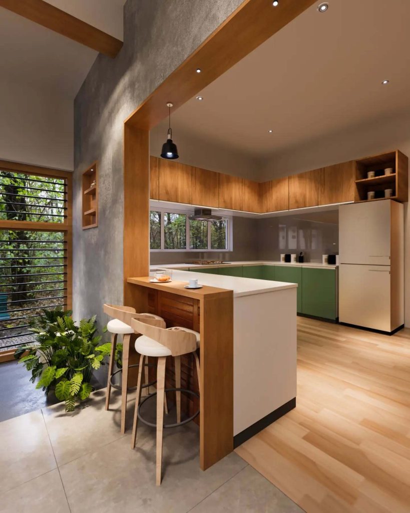 Nature-inspired kitchen with wood and green accents.
