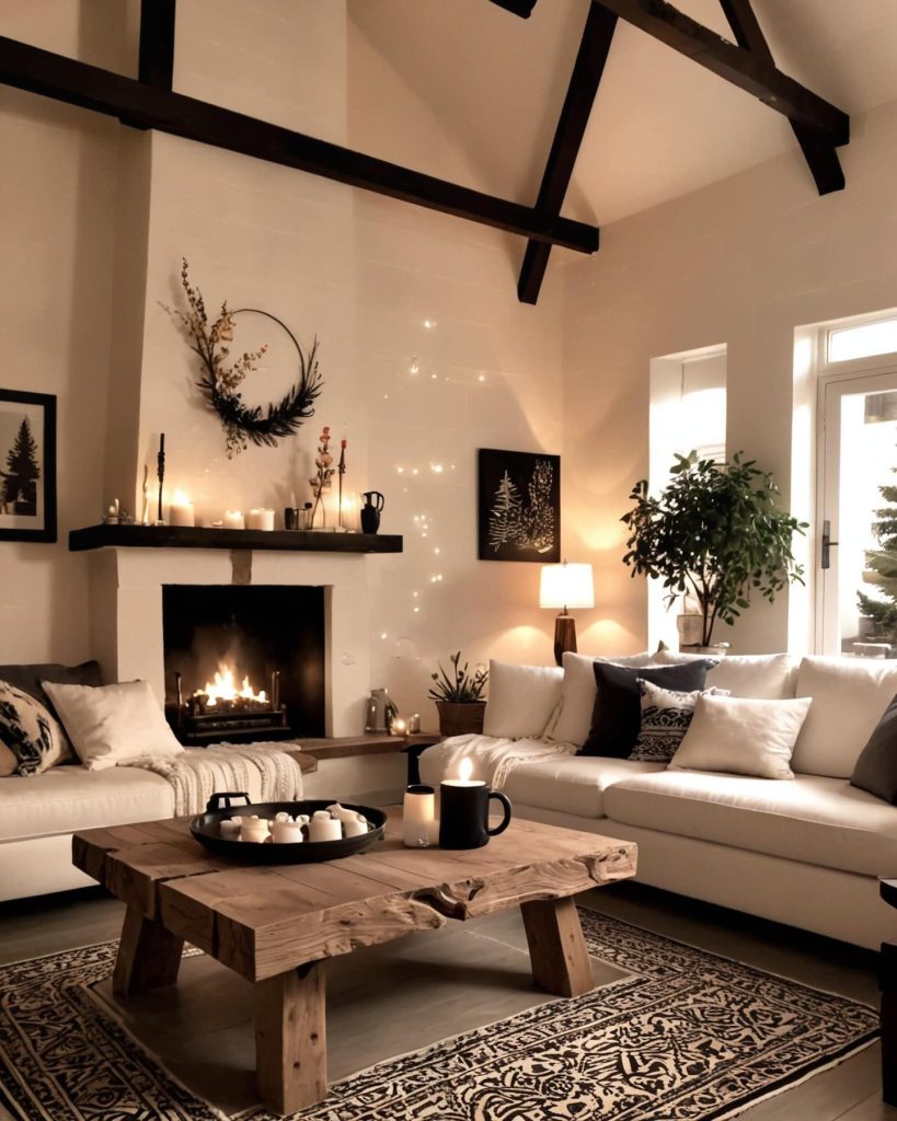 Rustic fireplace with a dramatic wooden mantel and earthy decor.
