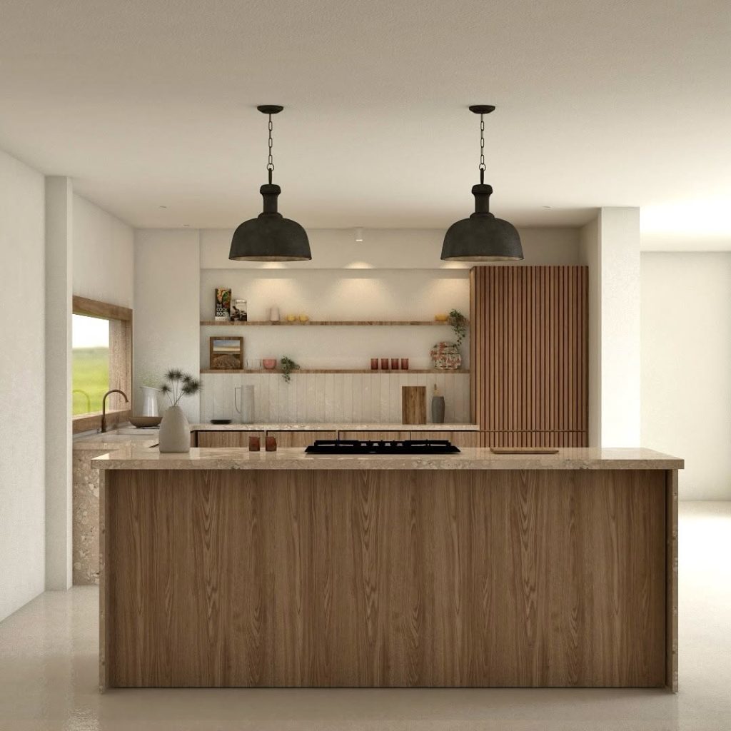 Rustic kitchen with open shelving and industrial lights.
