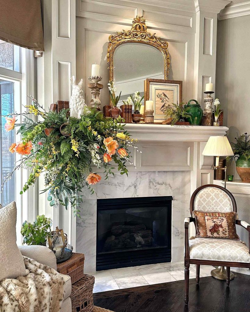 Classic marble fireplace with ornate decor and a cozy, elegant vibe.






