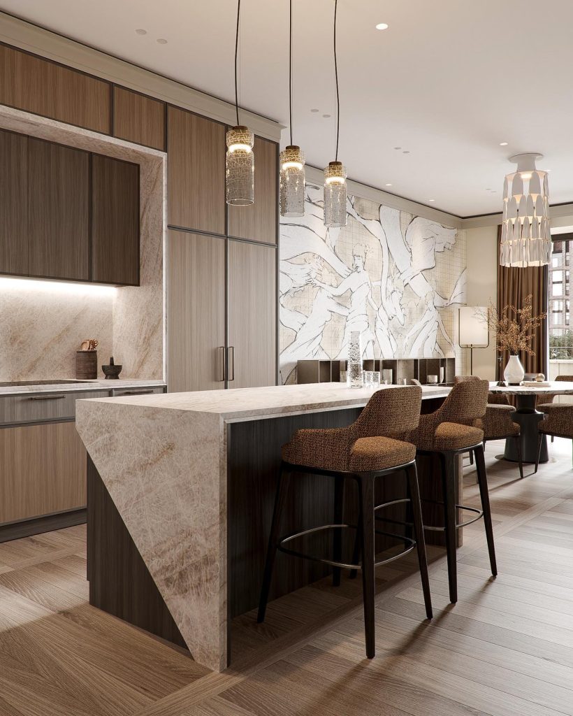 Luxury open kitchen with marble island and sparkling lights.
