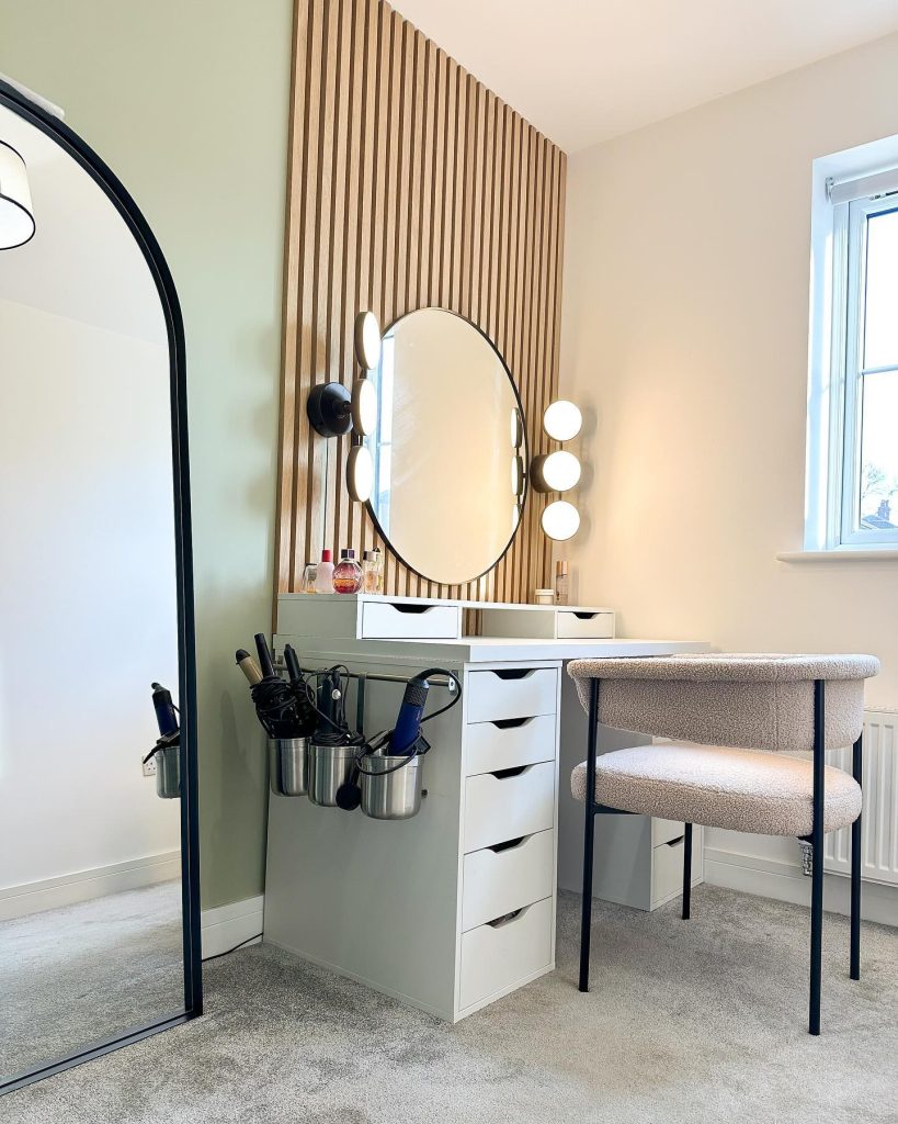 Modern vanity with a slatted accent wall and clever tool storage.
