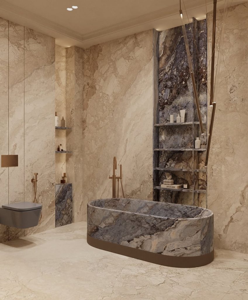 Earth-toned marble bathroom with a freestanding tub and open shelving.