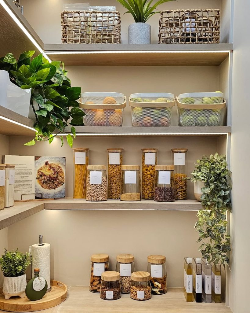 Sleek pantry with labeled storage containers and baskets for small pantry organization.
