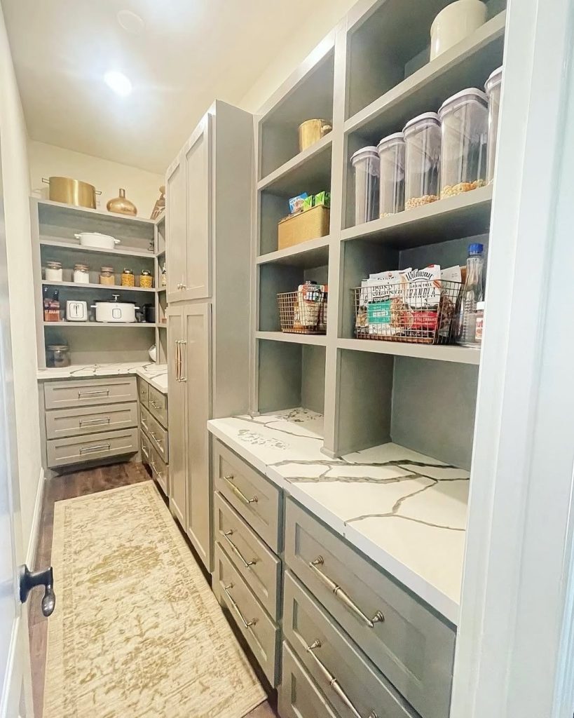 Well-organized small pantry with labeled storage bins and clear containers.
