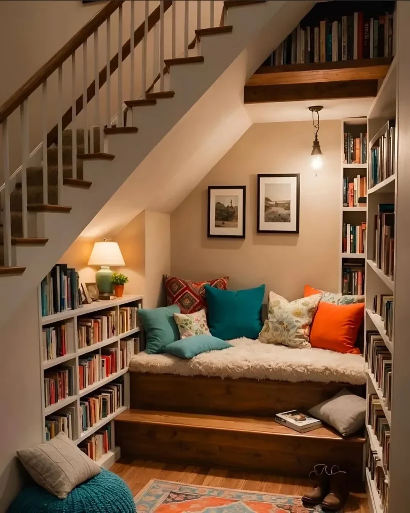 A cozy reading nook featuring a bookshelf under a staircase, accompanied by a couch adorned with pillows.
