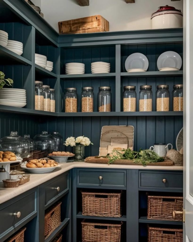 Cozy navy pantry with wicker baskets and stylish glass storage jars.
