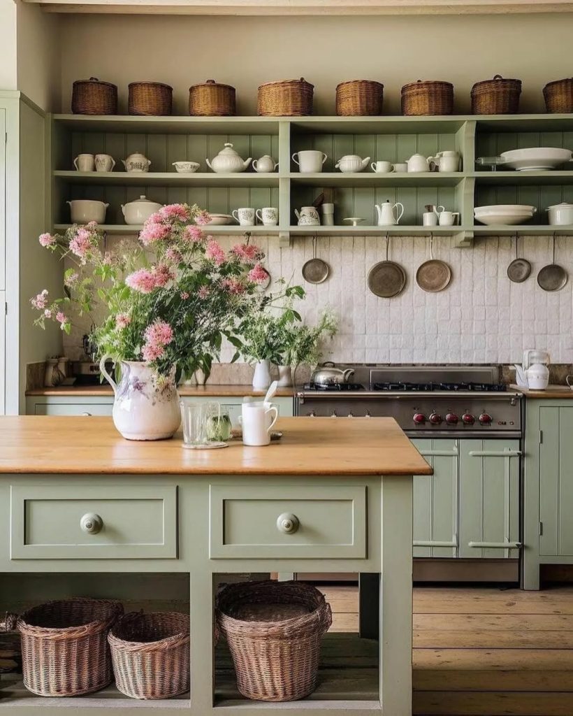 Vintage-inspired cozy kitchen with sage green cabinets, open shelving, and floral decor.
