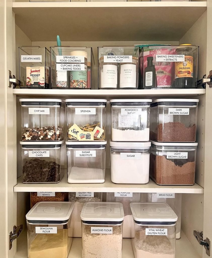 Baking pantry organization idea with labeled storage for flour and sugar.
