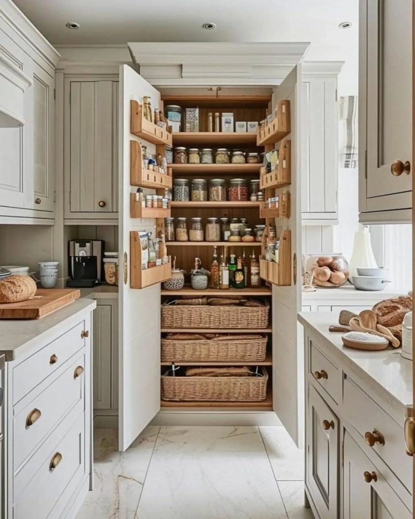 Hidden cabinet pantry with wooden shelves and labeled glass storage containers.
