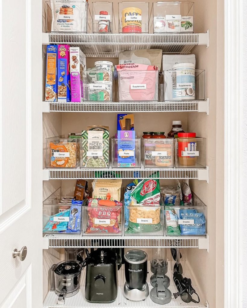 Small pantry organization using wire bins and transparent containers.
