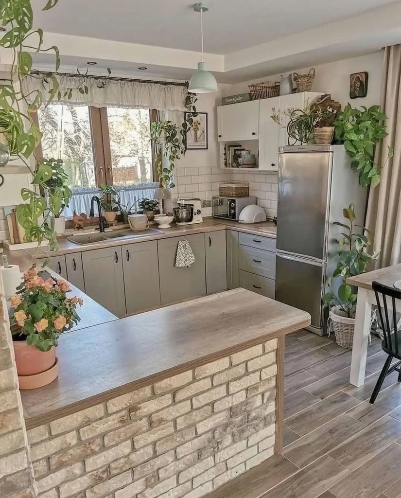 Cozy cottage kitchen with warm candlelight, lace decor, and wooden furniture.
